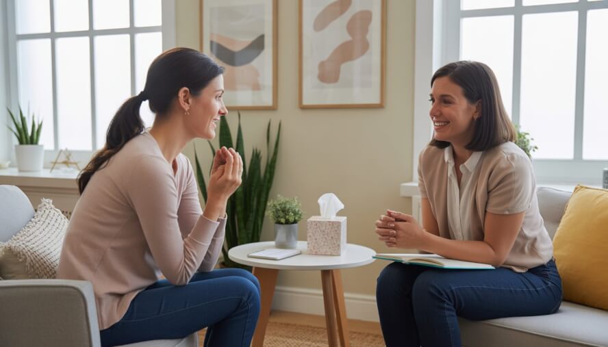 A therapist gently supporting a woman during a counseling session in a bright, calm office.
