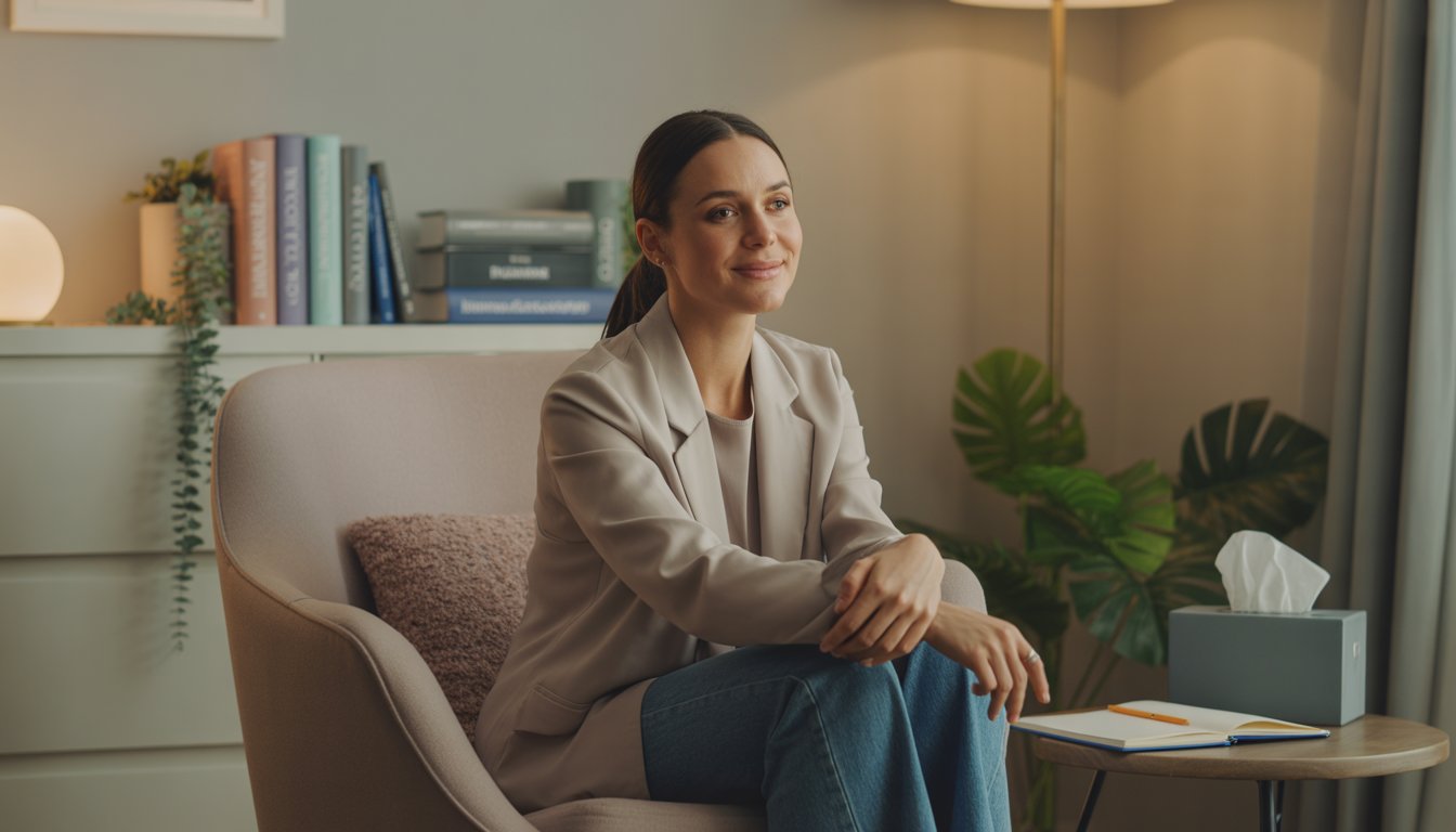 A female therapist sitting in a comfortable office with a warm and calm expression, surrounded by books and plants.