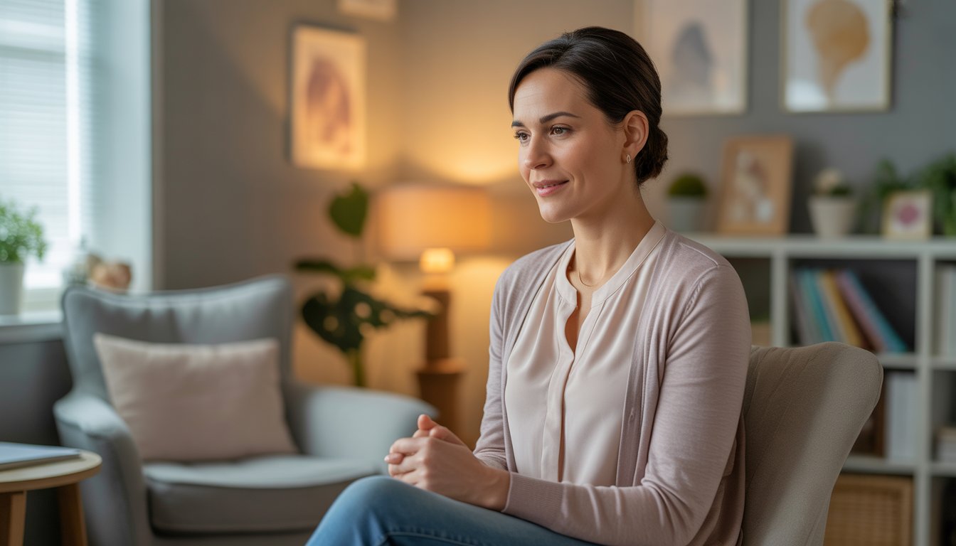 A female therapist sitting in a cozy counseling office, attentively listening and smiling gently.
