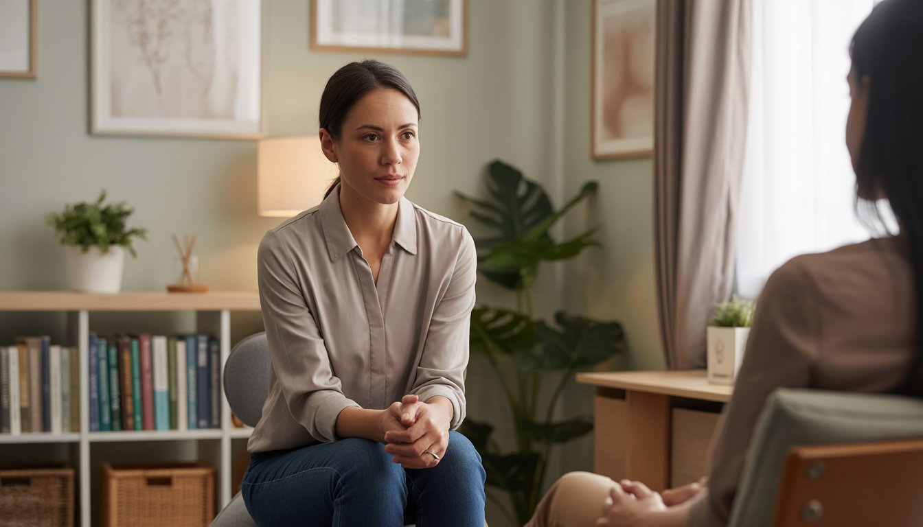 A female therapist attentively listening to a client in a warm and comfortable counseling office.
