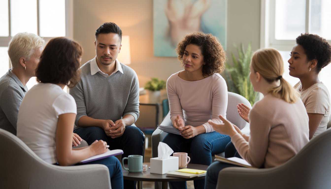 A diverse group of adults sitting in a circle in a cozy room, engaged in a supportive discussion.