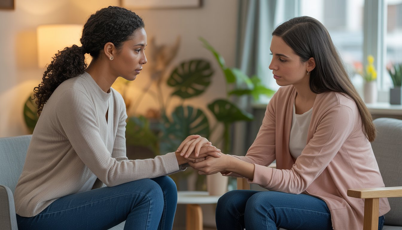 A female therapist gently holding the hand of a young woman during a supportive counseling session in a cozy office with a cityscape visible through the window.