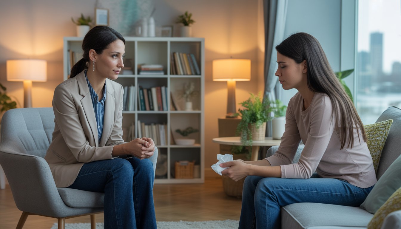 A female therapist attentively listens to a young woman client in a cozy counseling office with a city view in the background.
