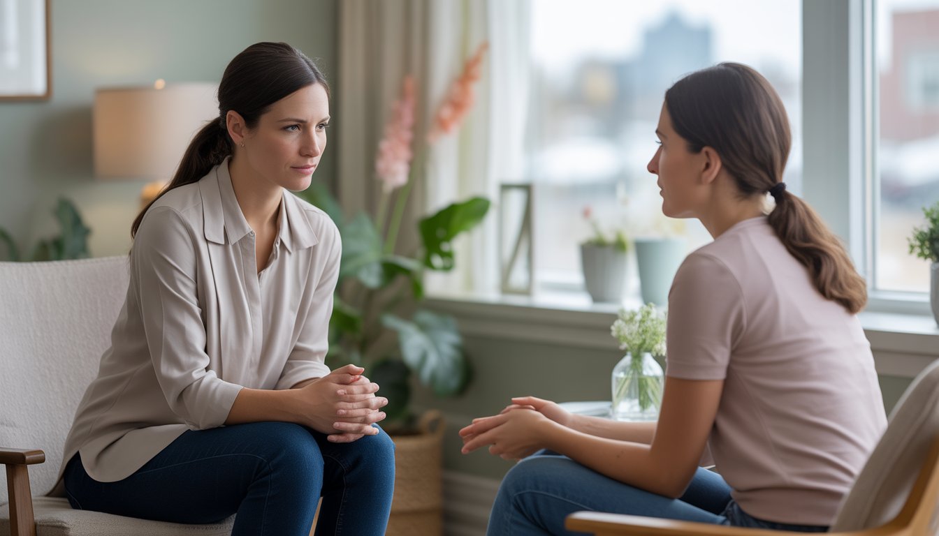 A female therapist attentively listening to an emotional woman in a bright, calming office with plants and a city view.