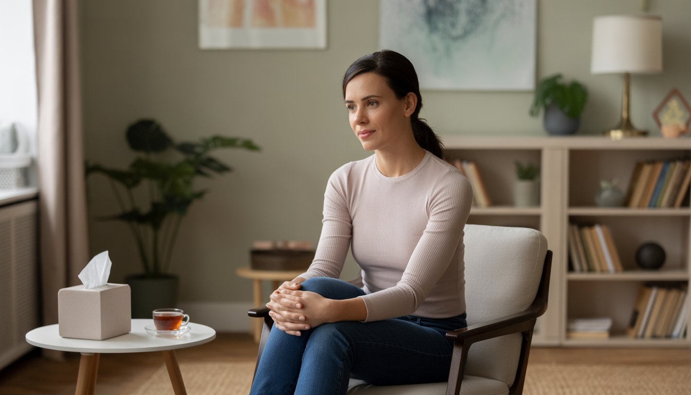 A female therapist attentively listening in a cozy counseling office with warm lighting and calming decor.