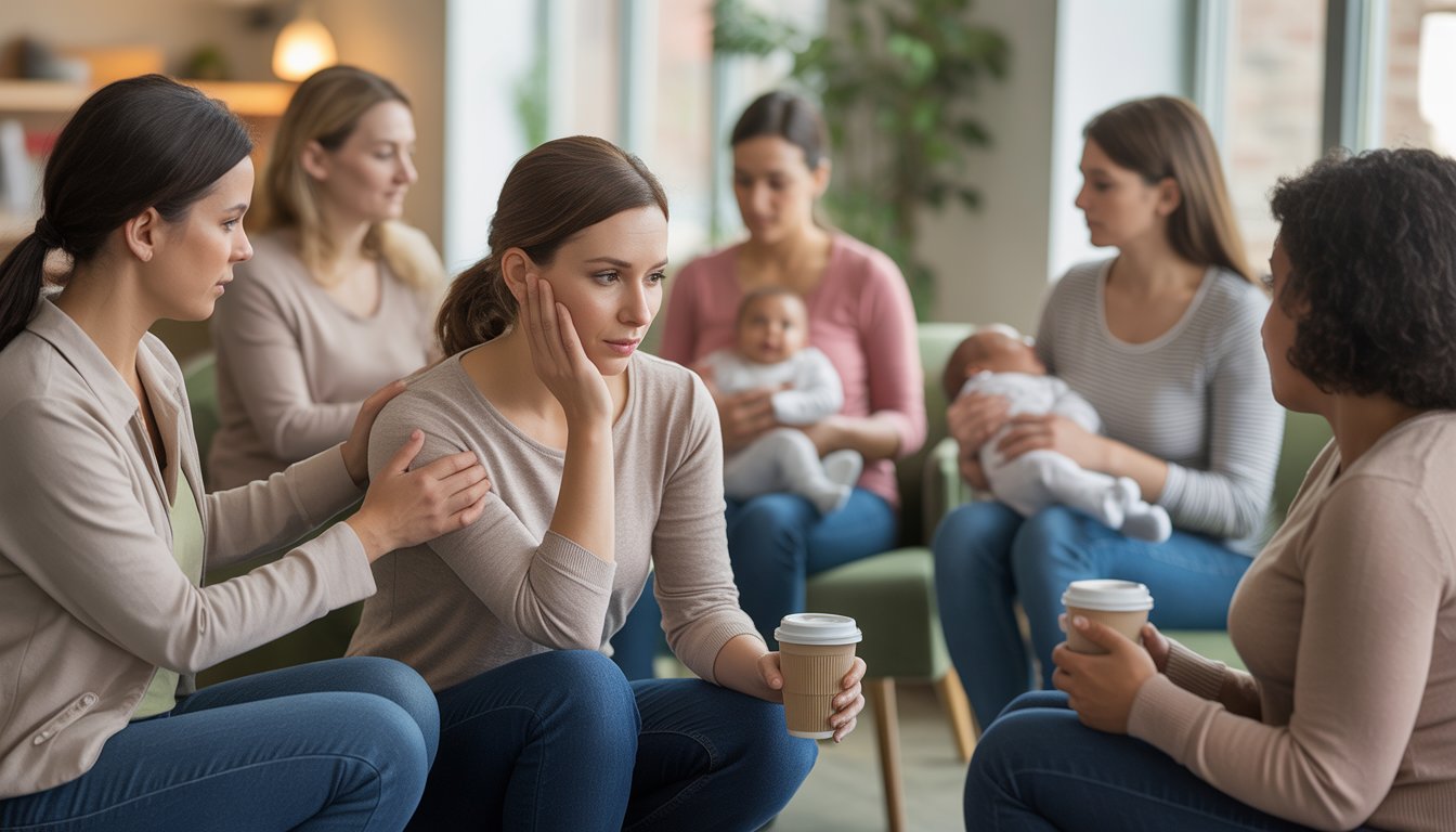 A female therapist comforting a young mother while other women engage in supportive conversations in a cozy community center.