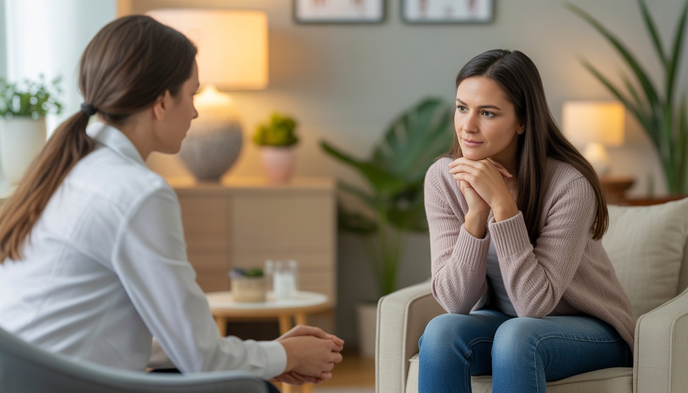A therapist and a young woman having a supportive conversation in a bright, comfortable therapy room.