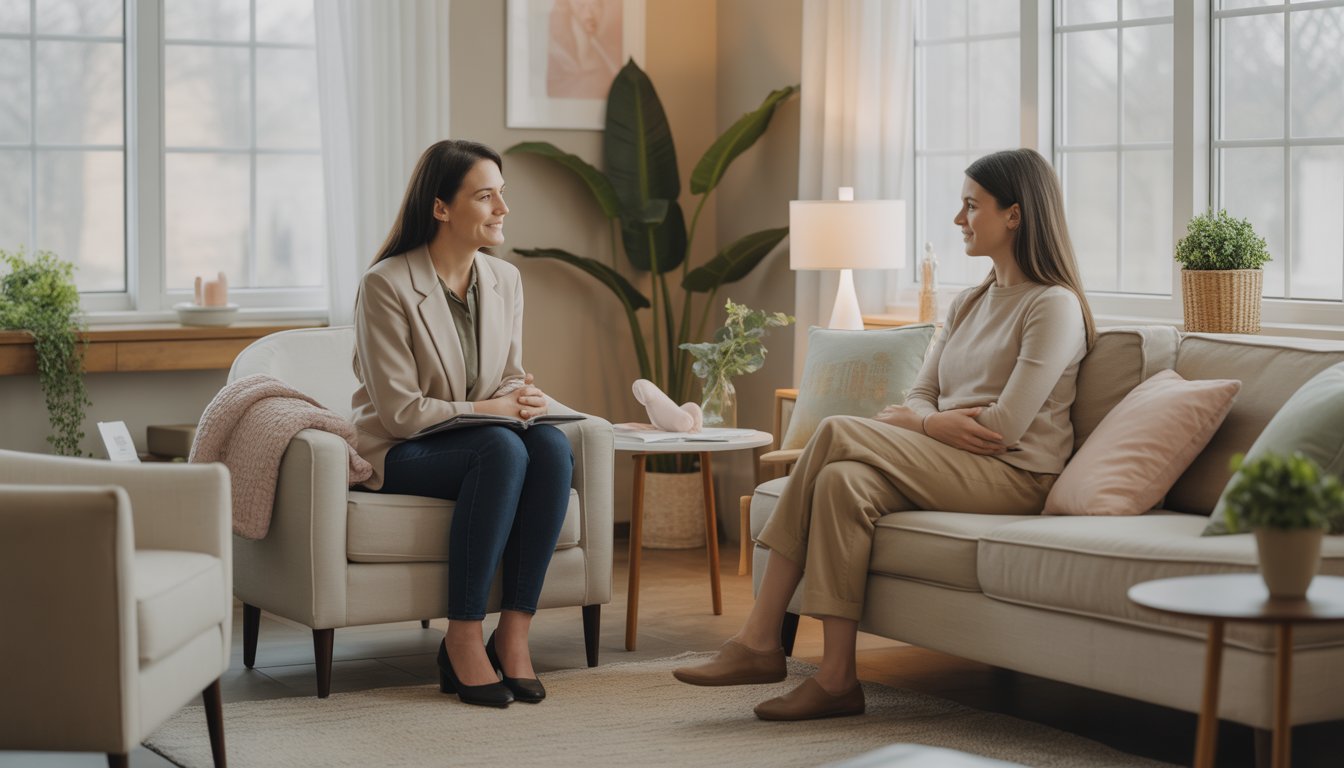 A female therapist attentively talking with a young woman in a bright, comfortable counseling room.