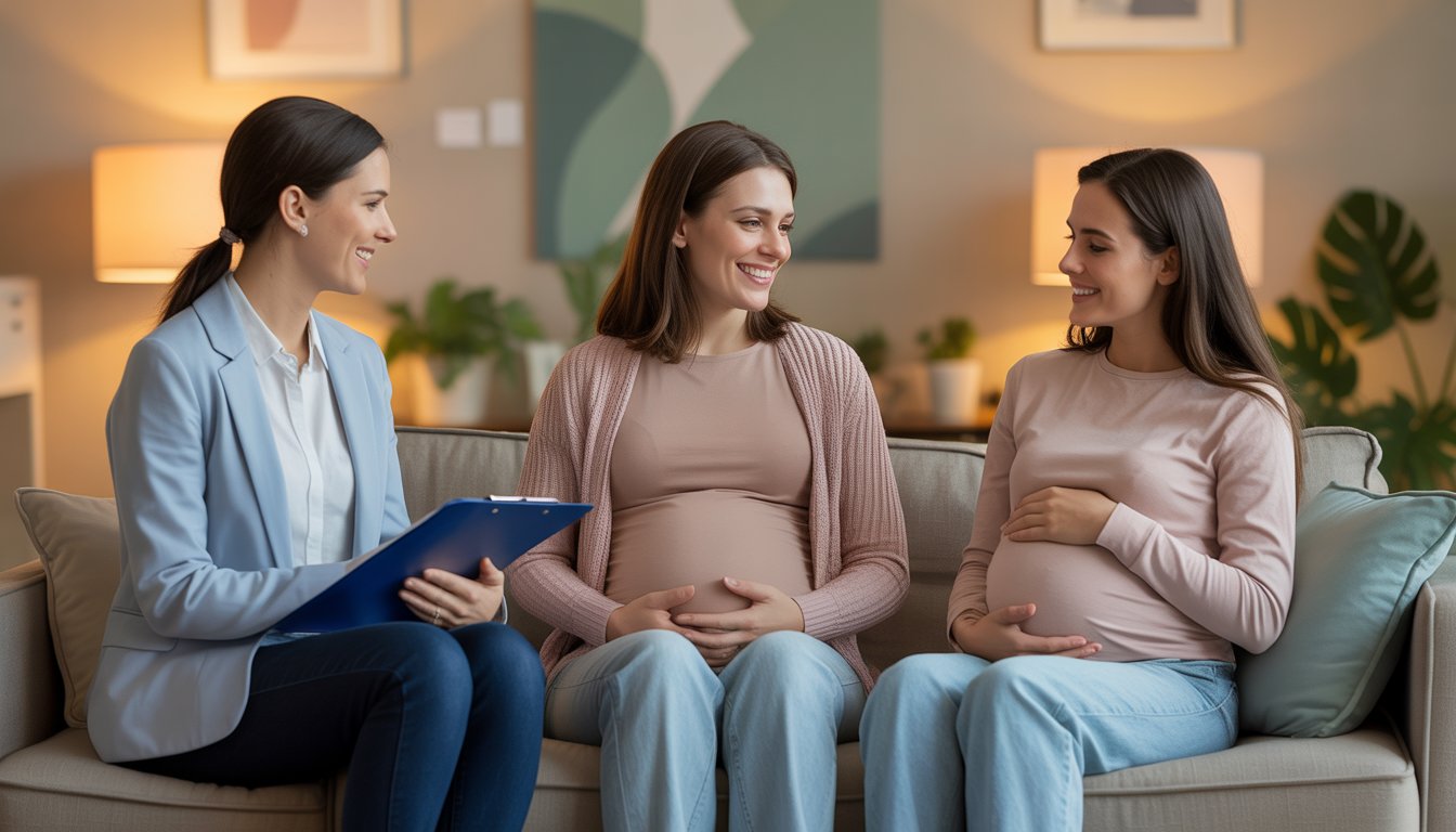 A female therapist talking supportively with a pregnant woman and a new mother in a cozy office.