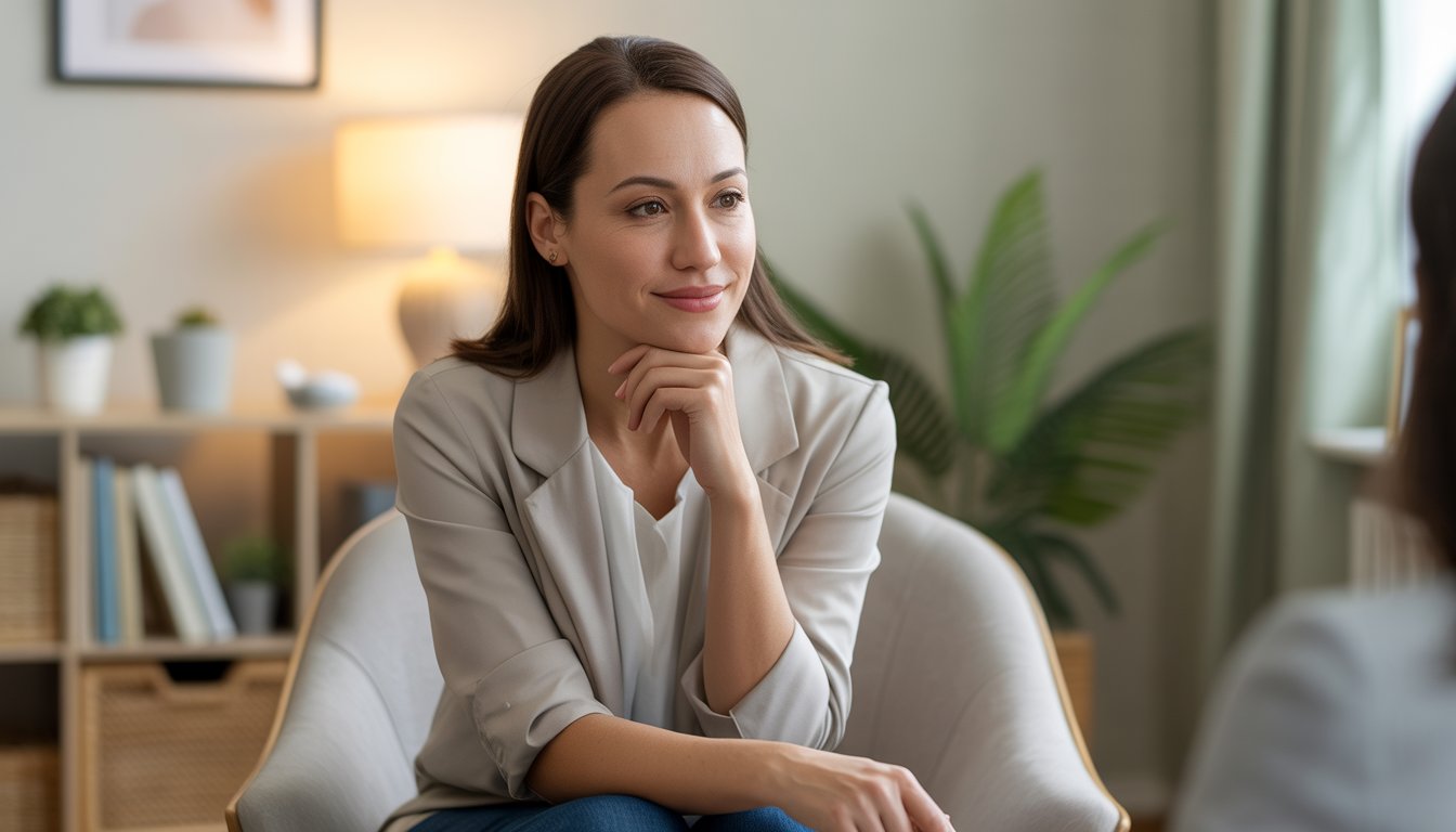 A female therapist sitting in a bright, comfortable office, attentively listening and smiling warmly.