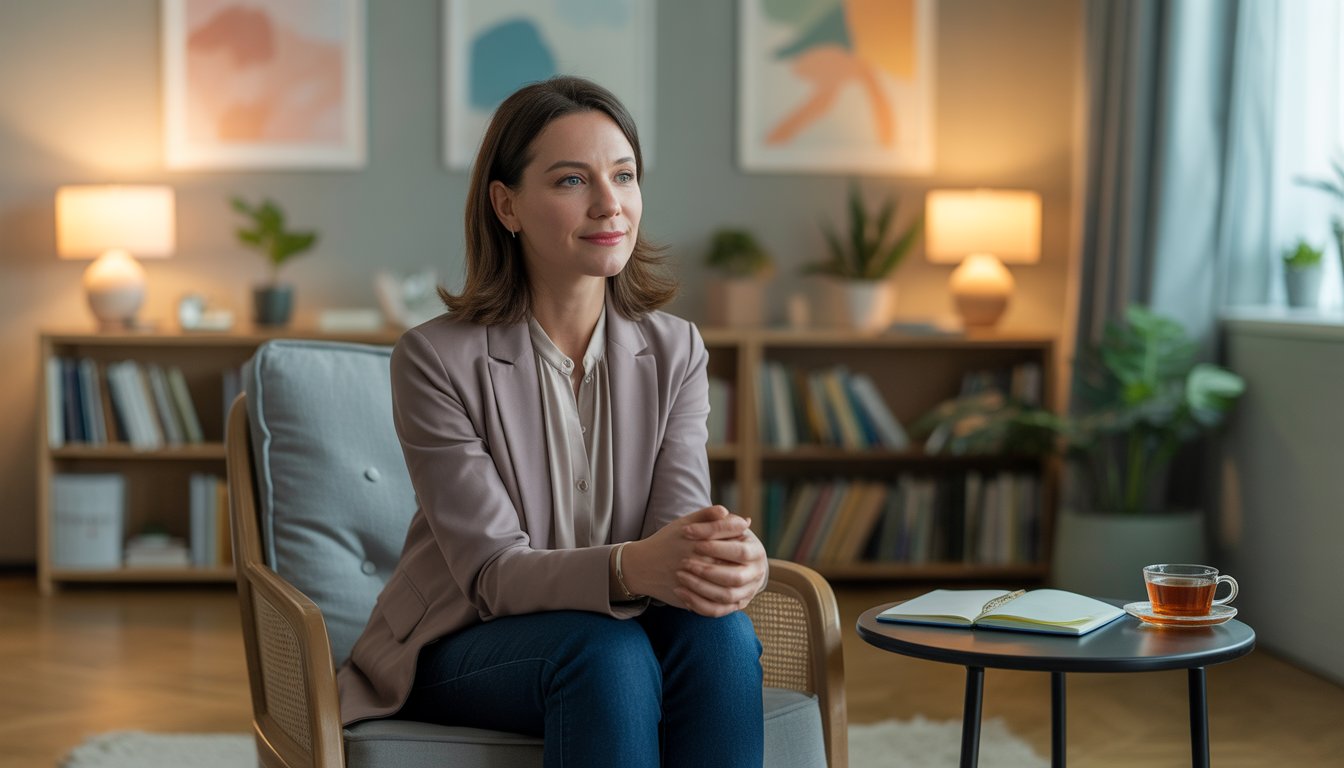 A female therapist sitting in a comfortable chair in a warm, inviting office with bookshelves and a window letting in natural light.