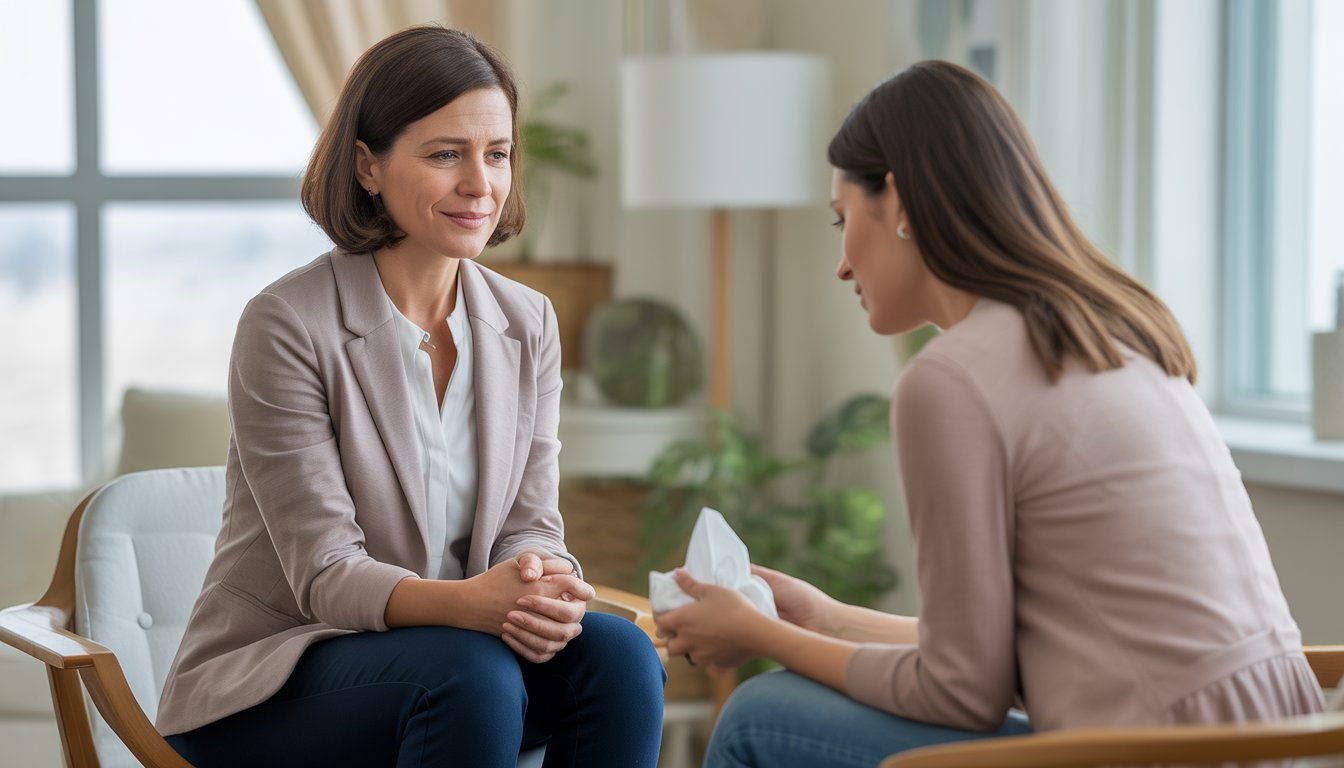 A female therapist listening attentively to a woman in a bright, calm therapy office.