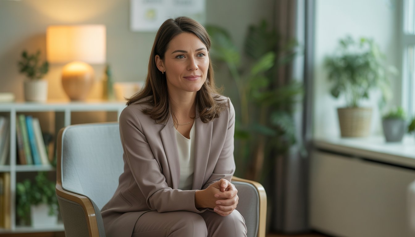 A female therapist sitting in a comfortable chair in a warmly lit office with bookshelves and plants, looking calm and approachable.