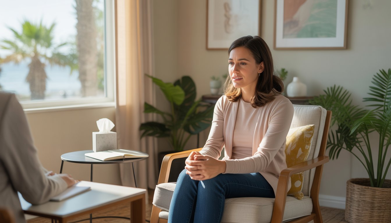 A female therapist sitting in a bright office, attentively listening and offering support in a calm and comforting environment.