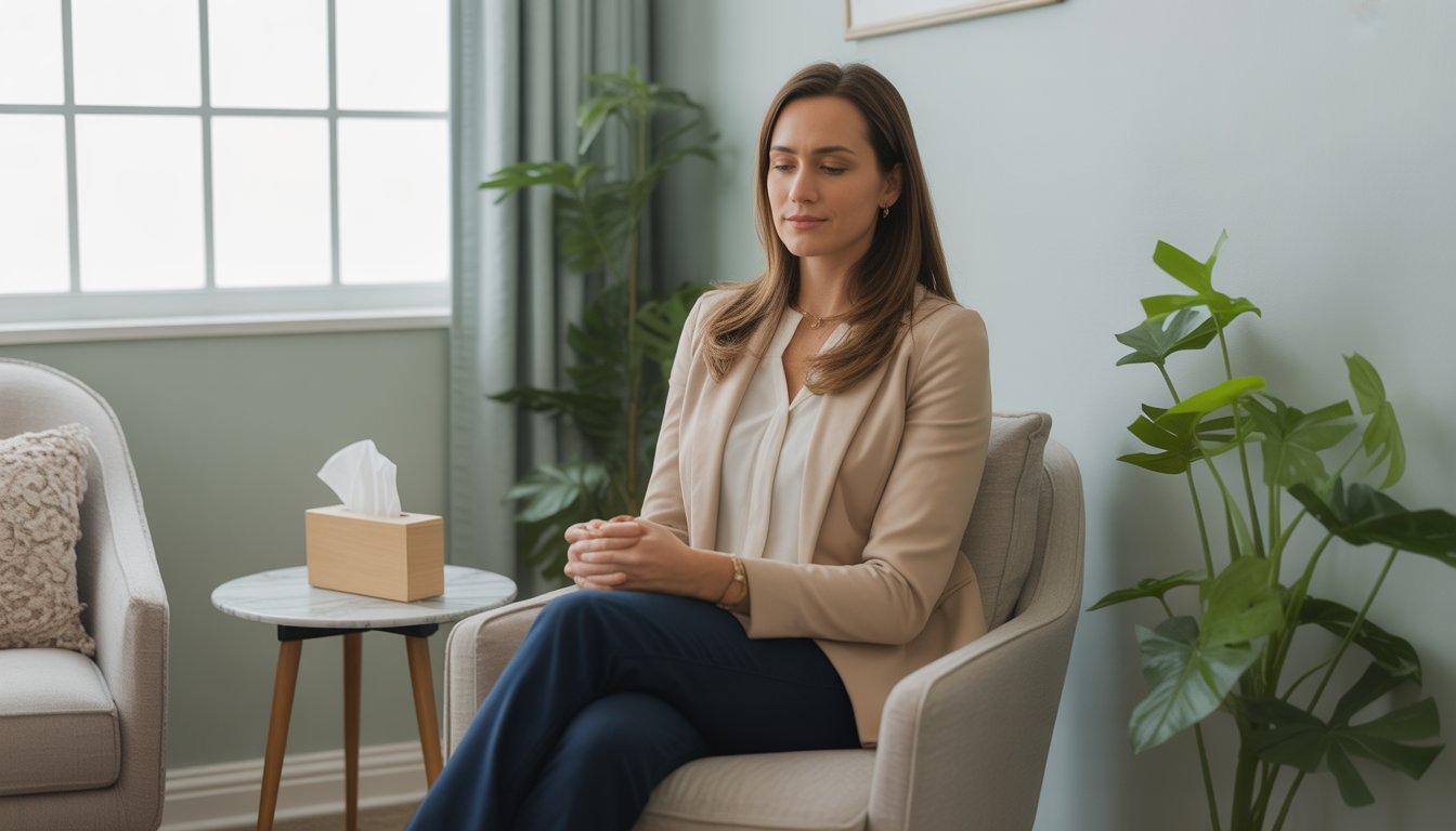 A female therapist sitting in a calm therapy room with natural light, plants, and comfortable seating, looking attentive and compassionate.