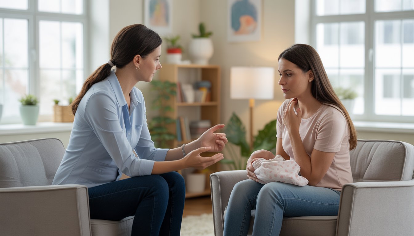 A therapist talking supportively with a young mother in a bright, comfortable office.