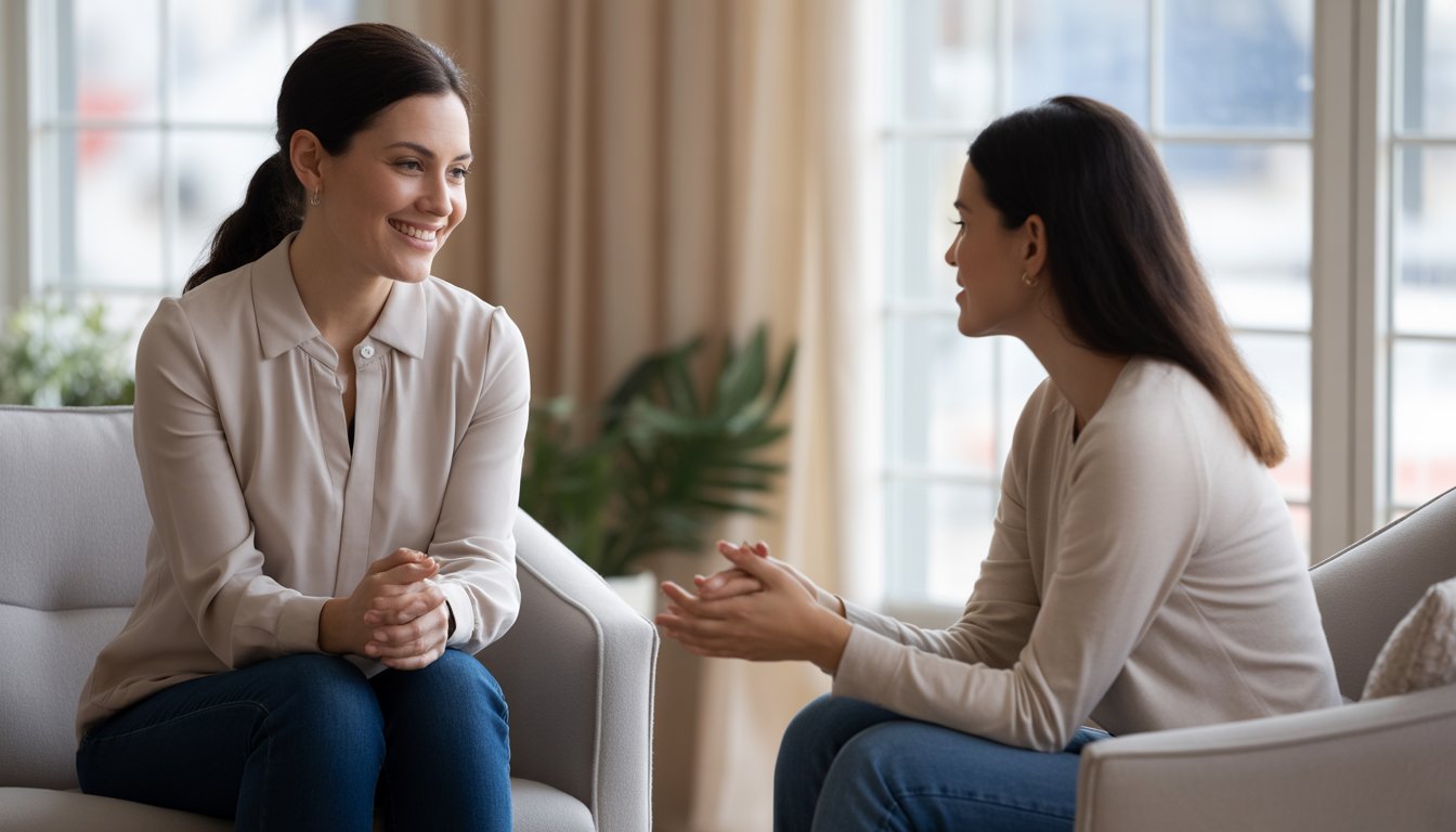 A therapist attentively listens to a woman during a counseling session in a bright office with a city view.