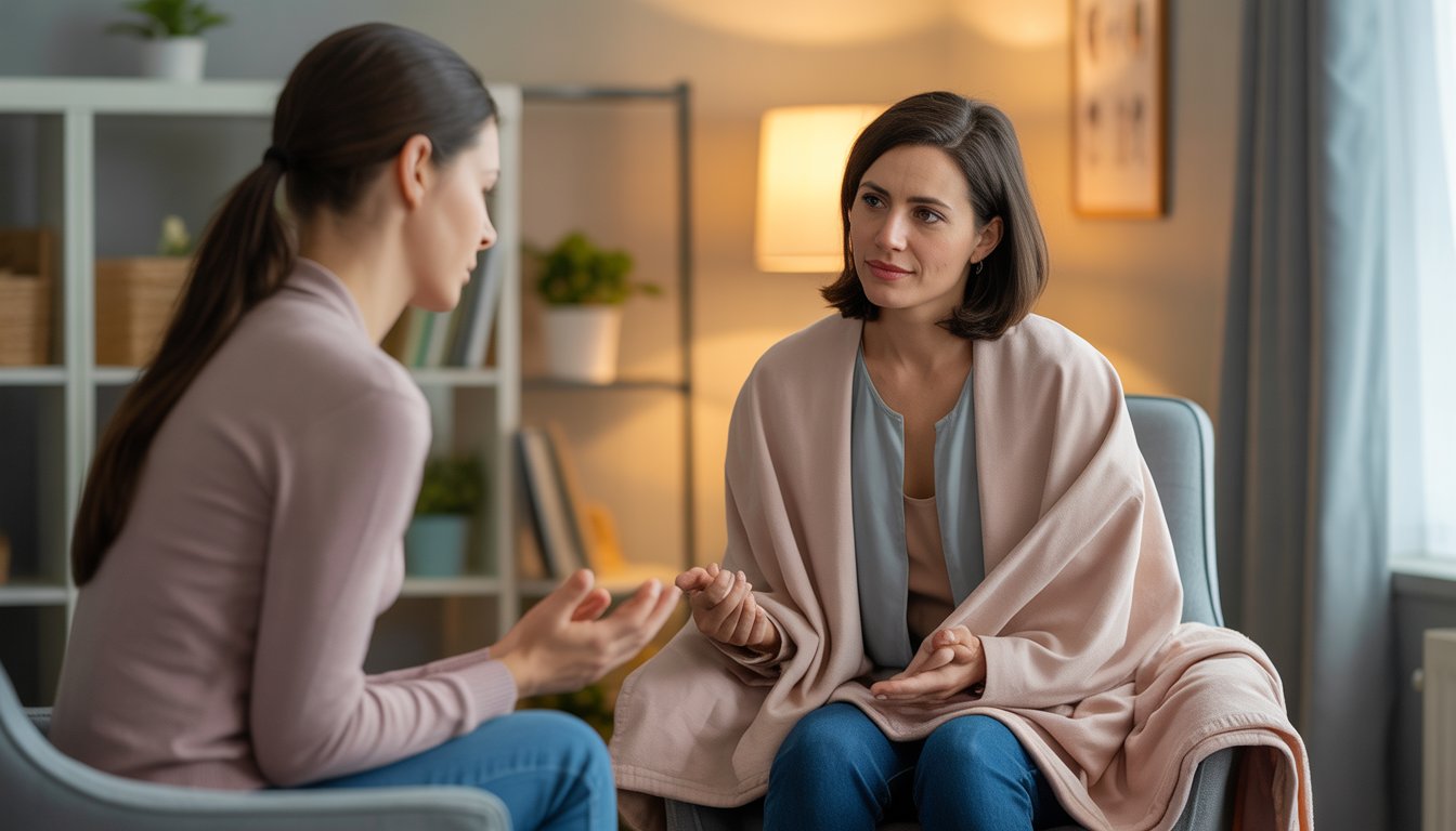 A therapist attentively listening to a woman during a counseling session in a warm, comfortable office.