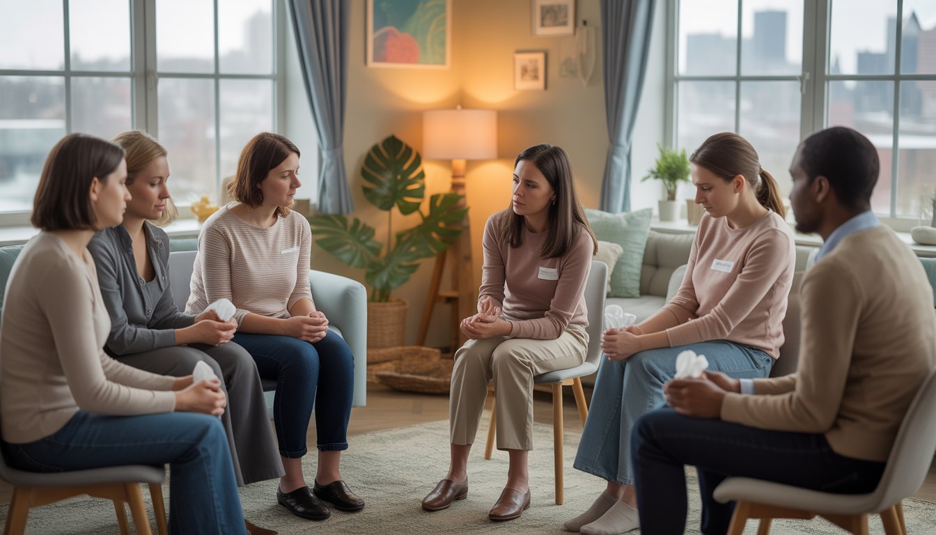 A group of adults sitting in a circle in a cozy room, receiving support from a therapist.