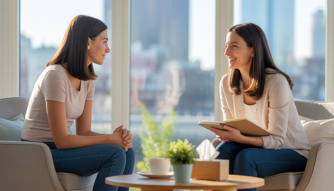 A therapist attentively listens to a woman during a counseling session in a bright office with a view of Pittsburgh.