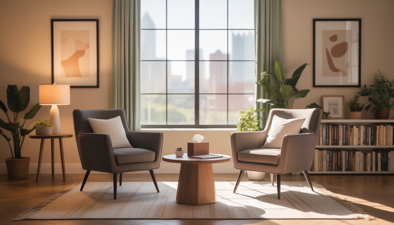 Empty therapy room with two armchairs, a coffee table with tissues, plants, and a window showing Pittsburgh cityscape.