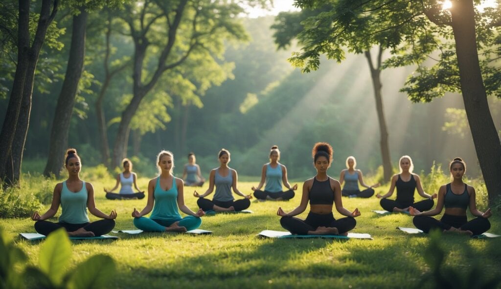 Peaceful yoga session with everyone sitting on their mats outside in nature with sunshine rays beaming through the trees.