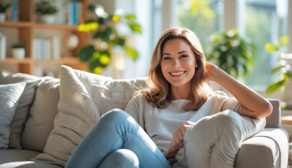 Female with a smile lounging on a comfortable coach in a good mood
