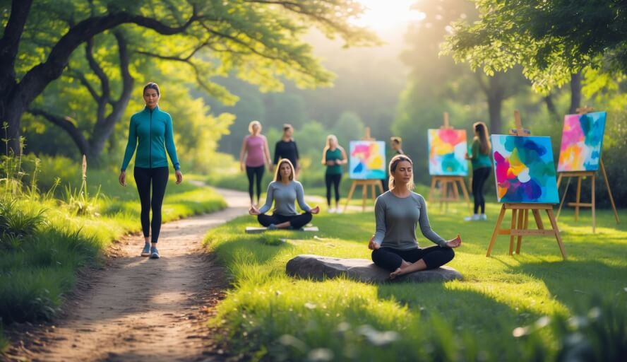 An outdoor female group class doing various activities to find Peace and Grounded Ways to Boost mental health