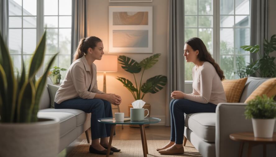 A female therapist attentively listens to a woman in a cozy therapy room filled with natural light and calming decor.