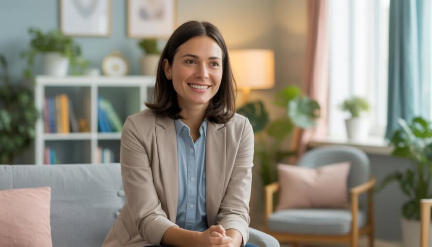 A compassionate female therapist sitting in a cozy, well-lit office with plants and bookshelves, creating a calm and supportive environment.
