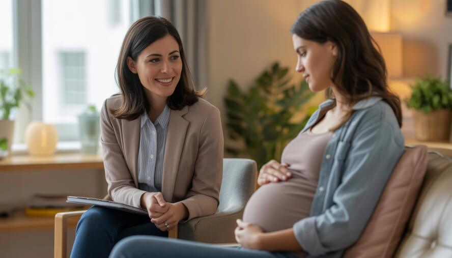 A female therapist attentively listening to a pregnant woman in a calm, warmly lit office.