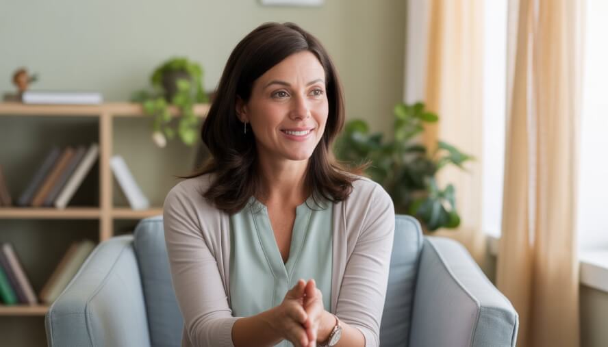 A female therapist sitting in a cozy counseling office, listening attentively and offering support.