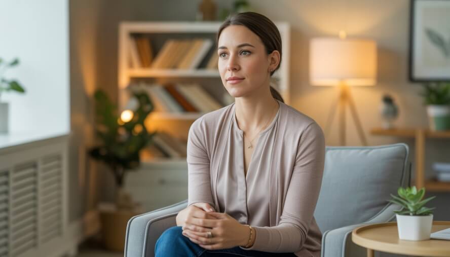 A female therapist sitting in a cozy office, smiling gently with a calm and supportive expression.