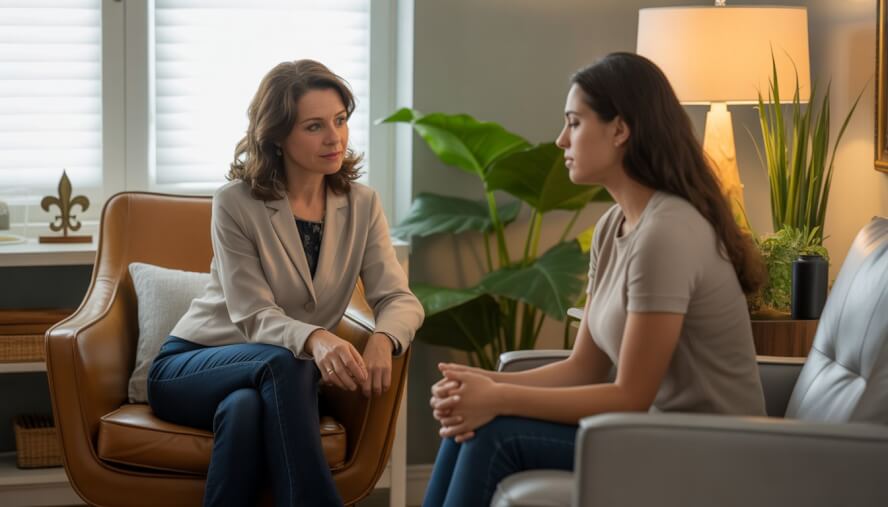 A therapist attentively listening to a young woman in a comfortable counseling office with soft lighting and plants.