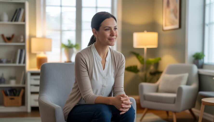 A female therapist sitting in a comfortable office, looking compassionate and attentive.