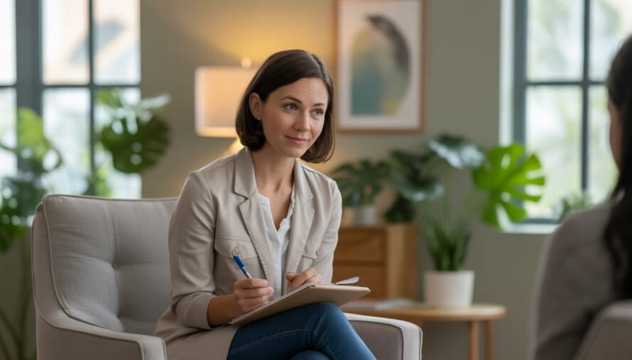 A female therapist sitting in a bright, comfortable counseling office, attentively listening and taking notes.