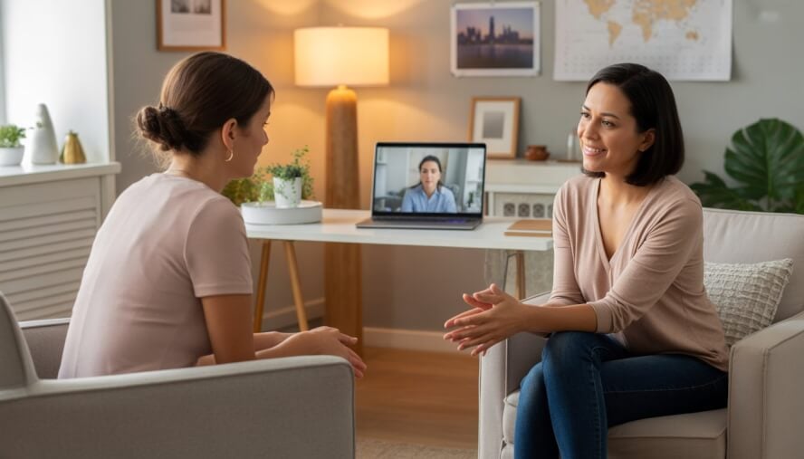 A therapist and client in a warm office with a laptop showing a video call, symbolizing both in-person and online therapy options.
