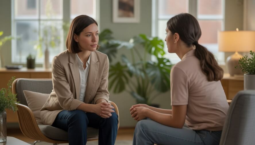 A therapist attentively listening to a woman in a warm and welcoming office setting.
