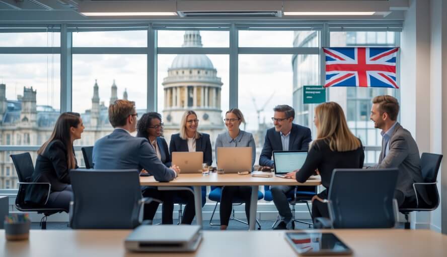 A group of diverse people having a discussion around a table in a bright office with a view of London buildings.