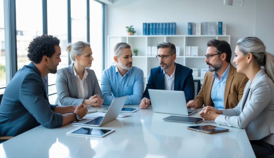 A diverse group of adults discussing around a table with laptops and tablets in a bright office setting.