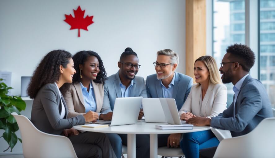 A diverse group of adults having a discussion around a table in a bright office with Canadian elements visible in the background.