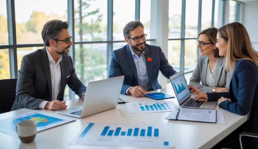 Three adults sitting at a table in an office discussing charts and laptops.