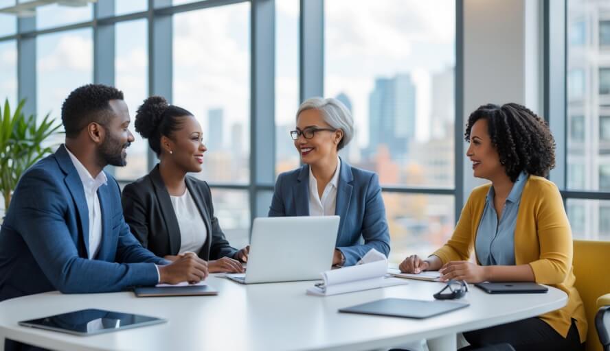 Three adults having a friendly discussion around a table in a bright modern office.