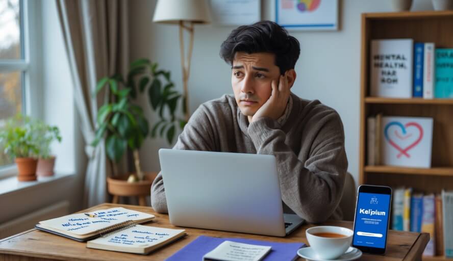 A young adult sitting at a desk in a living room, looking thoughtfully at a laptop surrounded by a notebook, smartphone, and a cup of tea.
