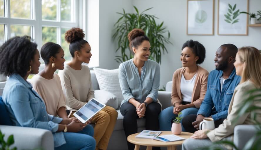 A diverse group of people receiving compassionate mental health support in a bright, comfortable room with a counselor offering guidance.
