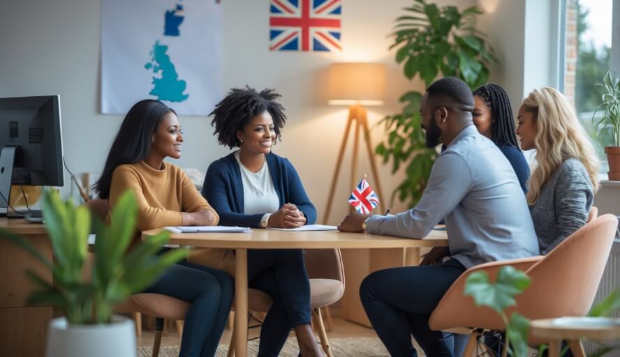 A person talking with a counselor in a comfortable office with a small British flag and a map of the UK on the wall.