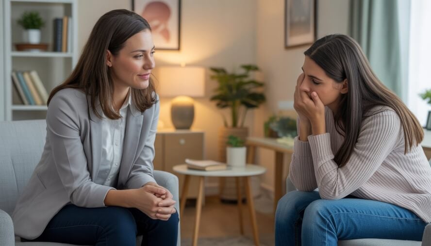 A therapist and a woman having a supportive counseling session in a cozy therapy office.