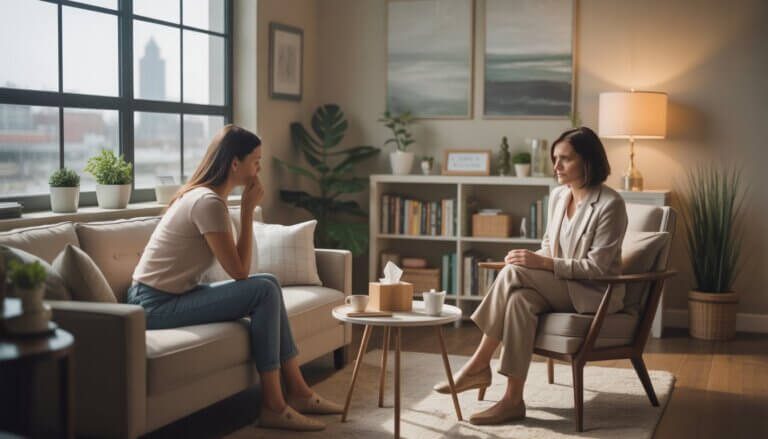 A therapist and a client sitting in a cozy therapy office, engaged in a supportive conversation.
