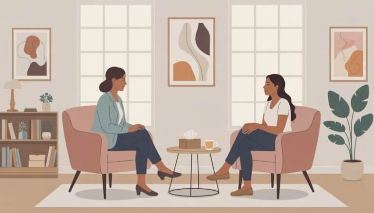 A female therapist attentively listens to a young woman client in a cozy therapy office with natural light and calming decor.