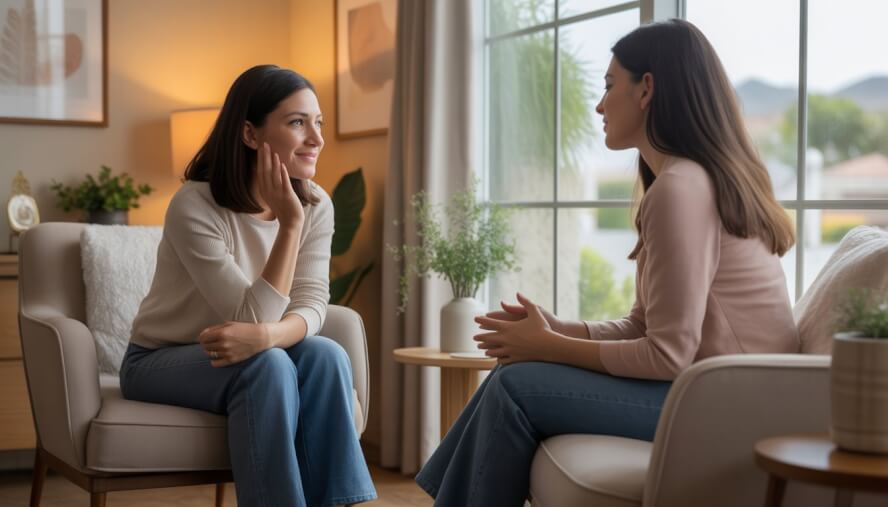 A therapist attentively listening to a woman in a cozy therapy office with soft natural light.